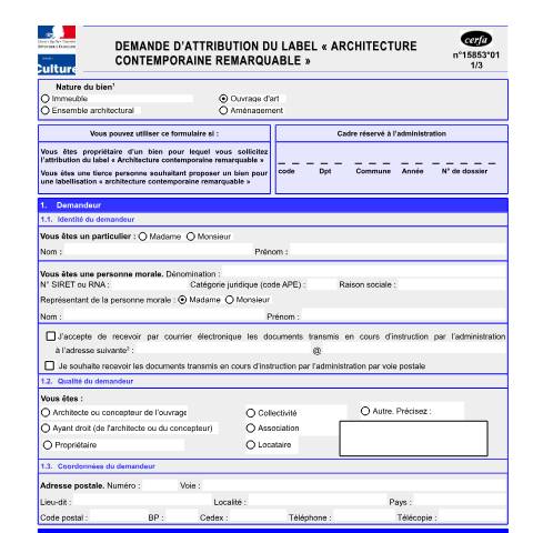 Aperçu du document Demande d'attribution du label "Architecture Contemporaine Remarquable" — Professionnels, France (CERFA n°15853*01)