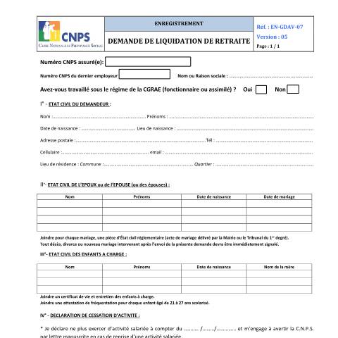 Aperçu du document DEMANDE DE LIQUIDATION PENSION DE RETRAITE (version 05) — Document CNPS (prévoyance sociale), Côte d'Ivoire