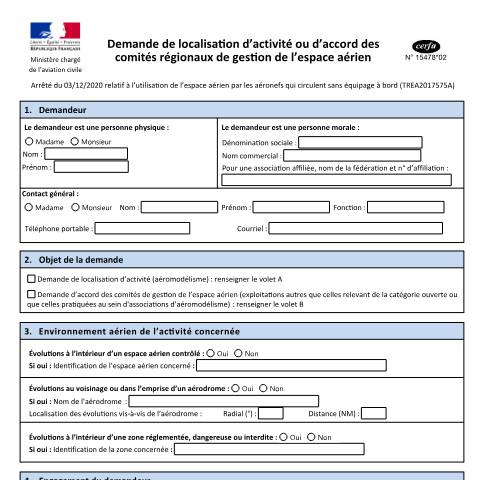 Aperçu du document Demande de localisation d'activité ou d'accord des comités régionaux de gestion de l'espace aérien — Professionnels, France (CERFA n°15478*02)