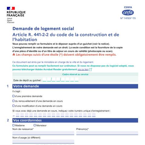 Aperçu du document Demande de logement social — Particuliers, France (CERFA n°14069*05)
