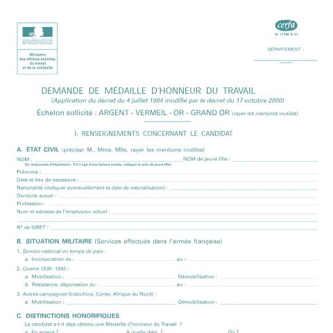 Aperçu du document Demande de médaille d'honneur du travail - par courrier — Particuliers, France (CERFA n°11796*01)