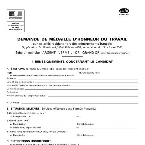 Aperçu du document Demande de médaille d'honneur du travail - Salariés résidant à l'étranger — Particuliers, France (CERFA n°11797*01)