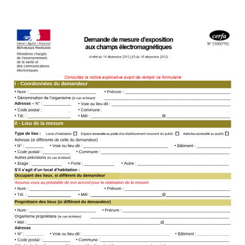 Aperçu du document Demande de mesure d'exposition aux champs électromagnétiques — Particuliers, France (CERFA n°15003*02)