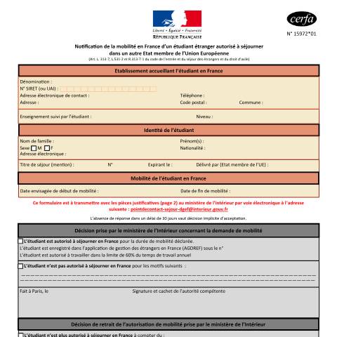 Aperçu du document Demande de mobilité en France d'un étudiant autorisé à séjourner en Europe — Particuliers, France (CERFA n°15972*01)