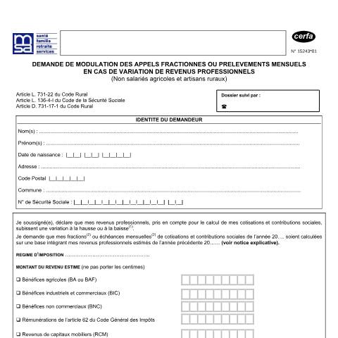 Aperçu du document Agriculteurs : demande de modulation des appels fractionnés ou prélèvements mensuels — Professionnels, France (CERFA n°15243*01)