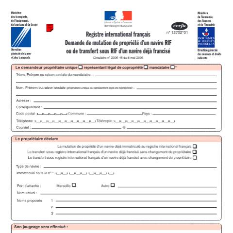 Aperçu du document Demande de mutation de propriété d'un navire RIF ou de transfert sous RIF d'un navire déjà francisé — Professionnels, France (CERFA n°12702*01)