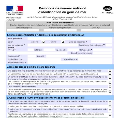 Aperçu du document Demande de numéro national d'identification du gens de mer — Professionnels, France (CERFA n°15463*02)