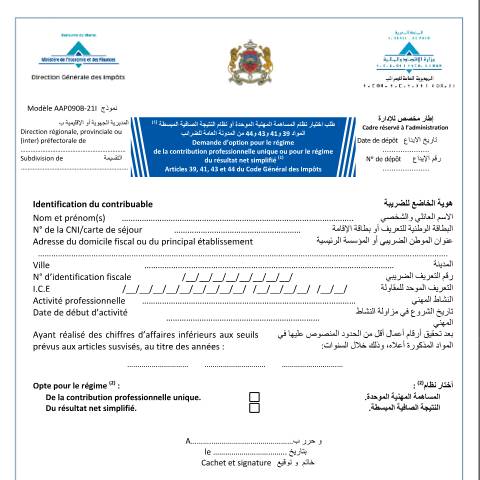 Aperçu du document Demande d’option pour le régime de la contribution professionnelle unique "CPU" ou pour le régime  du résultat net simplifié "RNS" — Impôt sur le revenu, Maroc (CERFA n°AAP090B-21I)