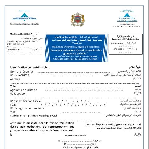 Aperçu du document Impôt sur les Sociétés: Demande d’option au régime d’incitation fiscale aux opérations de restructuration des groupes de sociétés — Impôt sur les sociétés, Maroc (CERFA n°ADM300B-17I)