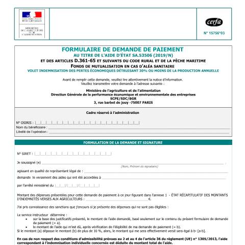Aperçu du document Demande de paiement au titre de l'aide d'État SA.43200 (2015/N) — Professionnels, France (CERFA n°15756*03)