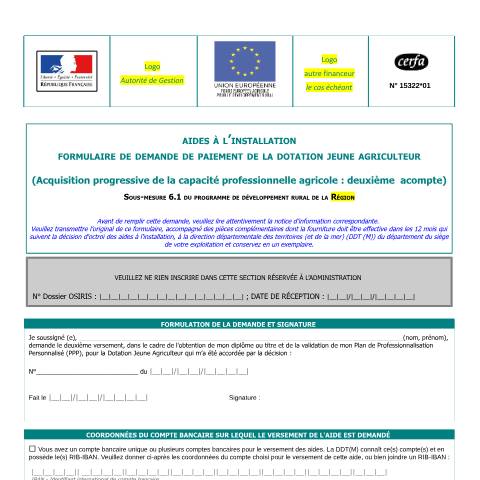 Aperçu du document Demande de paiement de la dotation jeune agriculteur (DJA) - deuxième acompte — Professionnels, France (CERFA n°15322*01)