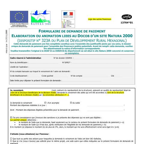 Aperçu du document Demande de paiement pour l'élaboration ou l'animation liées au Docob d'un site Natura 2000 — Professionnels, France (CERFA n°13764*01)