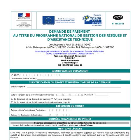 Aperçu du document Demande de paiement au titre du programme national de gestion des risques et d'assistance technique — Professionnels, France (CERFA n°15623*01)