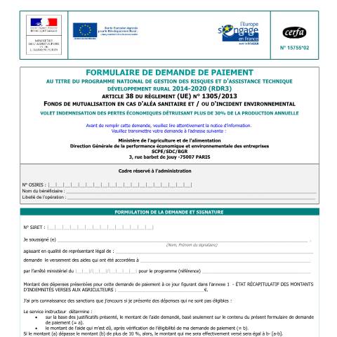 Aperçu du document Demande de paiement au titre du programme national de gestion des risques et d'assistance technique — Professionnels, France (CERFA n°15755*02)