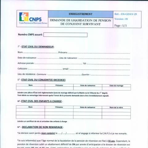 Aperçu du document DEMANDE DE LIQUIDATION DE PENSION DE CONJOINT SURVIVANT — Document CNPS (prévoyance sociale), Côte d'Ivoire