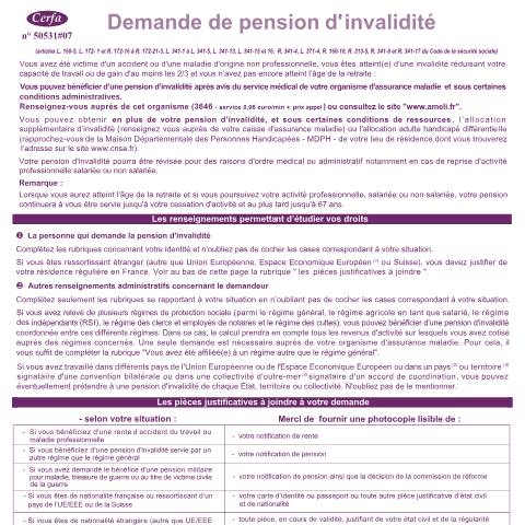 Aperçu du document Demande de pension d'invalidité — Particuliers, France (CERFA n°11174*05)