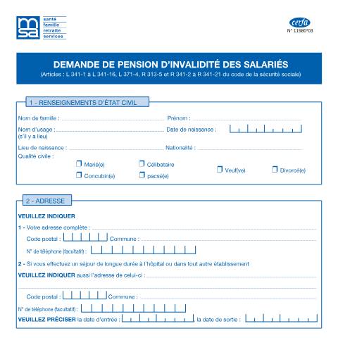Aperçu du document Demande de pension d'invalidité des salariés agricoles — Particuliers, France (CERFA n°11980*03)