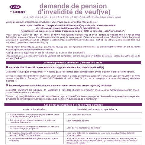 Aperçu du document Demande de pension d'invalidité de veuf(ve) — Particuliers, France (CERFA n°11791*03)