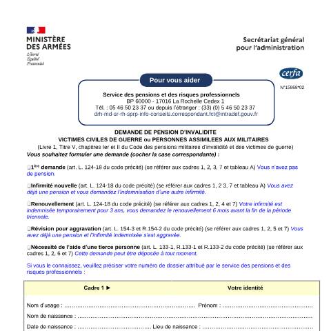 Aperçu du document Demande de pension d'invalidité : victimes civiles de guerre ou personnes assimilées aux militaires — Particuliers, France (CERFA n°15868*02)