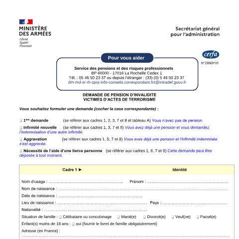 Aperçu du document Demande de pension d'invalidité : victime d'actes de terrorisme — Particuliers, France (CERFA n°15869*03)