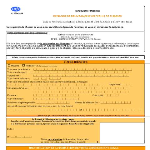 Aperçu du document Demande de délivrance d’un permis de chasser — Particuliers, France (CERFA n°13943*04)