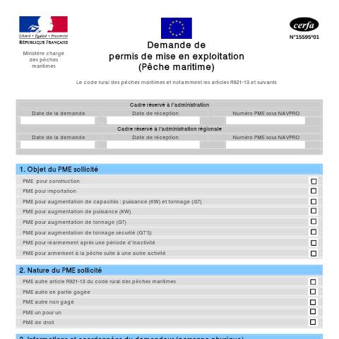 Aperçu du document Demande de permis de mise en exploitation (Pêche maritime) — Professionnels, France (CERFA n°15595*01)