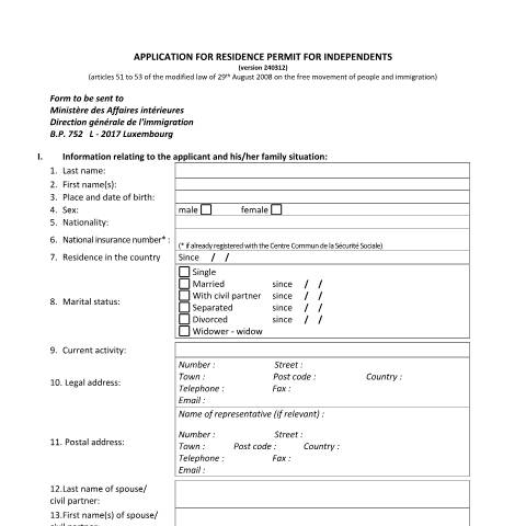 Aperçu du document en Application for residence permit for independents — Immigration tiers independant, Luxembourg (CERFA n°demande-autorisation-sejour)
