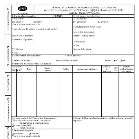 Aperçu du document Demander un permis de transfert d'armes à feu et de munitions vers un pays européen — Particuliers, France (CERFA n°11287*02)