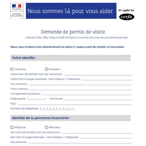 Aperçu du document Demande de permis de visite (prison) — Particuliers, France (CERFA n°13960*02)