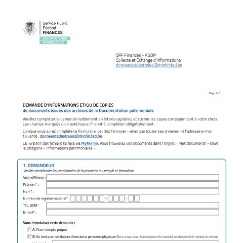 Aperçu du document la version destinée aux particuliers (PDF, 616.34 Ko) — Comment demander une pièce d’archives cadastrale ?, Belgique (CERFA n°20250827-form-demande-pieces-archives-cadastrales-part)