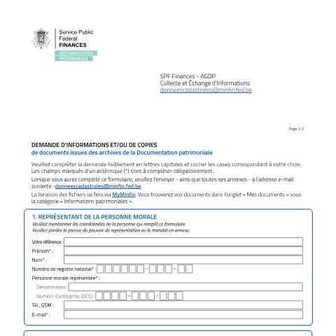 Aperçu du document la version destinée aux professionnels (PDF, 1.18 Mo) — Comment demander une pièce d’archives cadastrale ?, Belgique (CERFA n°20250827-form-demande-pieces-archives-cadastrales-pro)