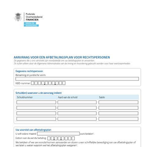 Aperçu du document aanvraagformulier (PDF, 1.49 MB) — Hoe vraag ik een afbetalingsplan aan?, Belgique (CERFA n°aanvraagformulier-hernieuwbaar-afbetalingsplan-rechtspersonen)