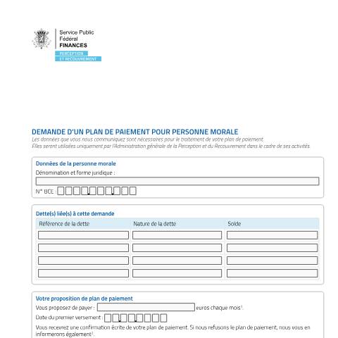 Aperçu du document formulaire de demande (PDF, 1.53 Mo) — Comment puis-je demander un plan de paiement ?, Belgique (CERFA n°formulaire-plan-paiement-renouvelable-personnes-morales_0)