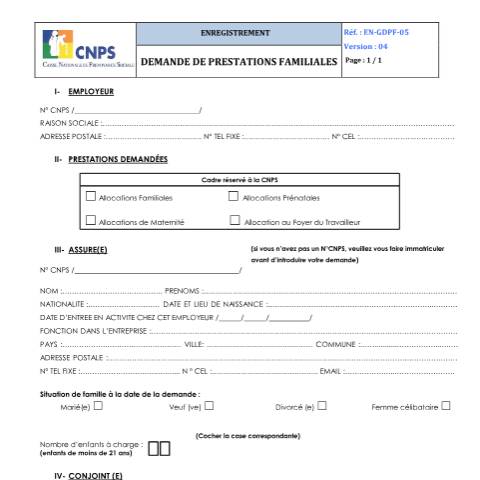 Aperçu du document DEMANDE DE PRESTATIONS FAMILIALES (version 04) — Document CNPS (prévoyance sociale), Côte d'Ivoire