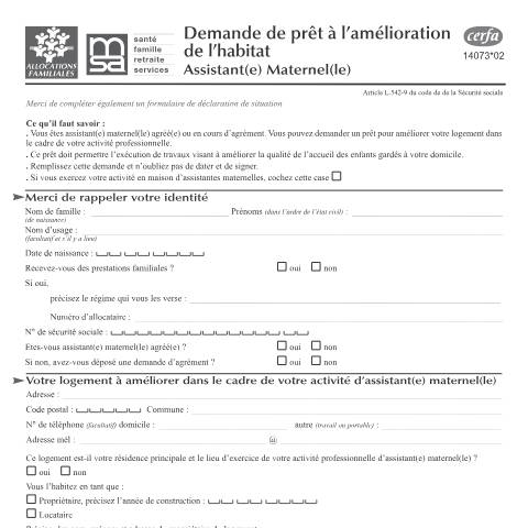 Aperçu du document Demande de prêt à l'amélioration du lieu d'accueil (PALA) ou prêt à l'amélioration de l'habitat (PAH) pour les assistantes maternelles — Particuliers, France (CERFA n°14073*02)