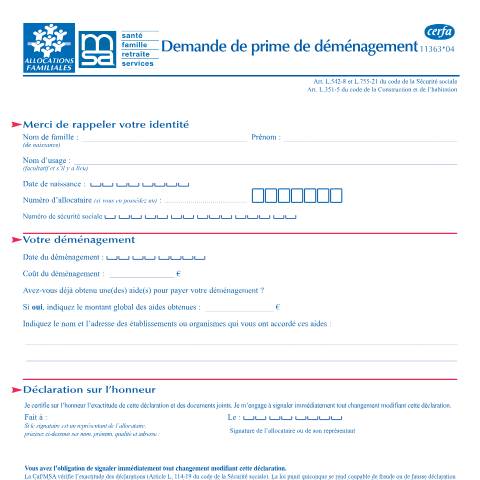 Aperçu du document Demande de prime de déménagement (MSA) — Particuliers, France (CERFA n°11363*04)