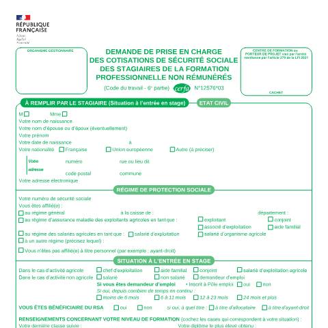 Aperçu du document Demande de prise en charge des cotisations de sécurité sociale des stagiaires de la formation professionnelle non rémunérés — Professionnels, France (CERFA n°12576*03)