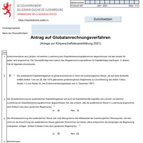 Aperçu du document Anlage: "Antrag auf Globalanrechnungsverfahren" — Annexes, Luxembourg (CERFA n°501 D)
