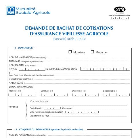 Aperçu du document Demande de rachat de cotisations d'assurance vieillesse agricole — Professionnels, France (CERFA n°11789*01)