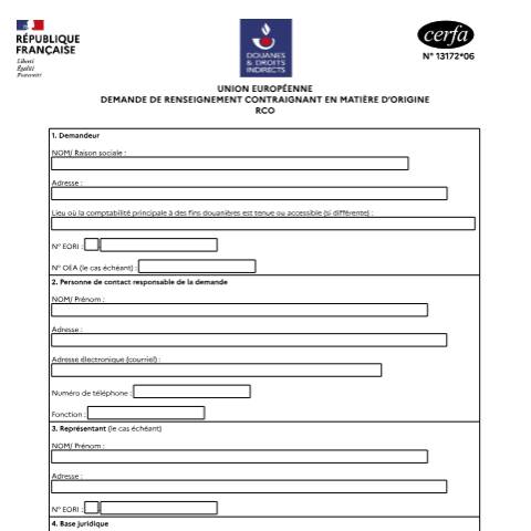 Aperçu du document Demande de renseignement contraignant sur l'origine (RCO) — Professionnels, France (CERFA n°13172*06)