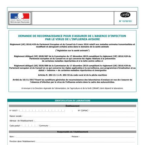 Aperçu du document Demande de reconnaissance pour s'assurer de l'absence d'infection par le virus de l'influenza aviaire — Professionnels, France (CERFA n°15795*03)