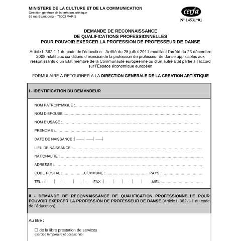 Aperçu du document Demande de reconnaissance de qualifications professionnelles pour exercer la profession de professeur de danse — Professionnels, France (CERFA n°14531*01)