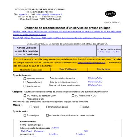 Aperçu du document Demande de reconnaissance d'un service de presse en ligne — Professionnels, France (CERFA n°13954*07)
