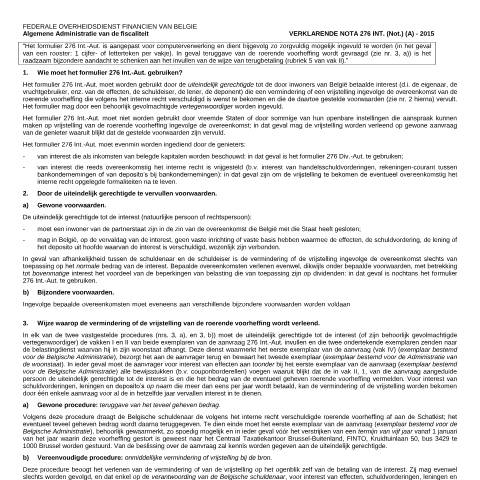 Aperçu du document Verklarende nota 276 Int (PDF, 100.17 KB) — Aanvraag om verdragsverminderingen, Belgique (CERFA n°167-276-int-nota)