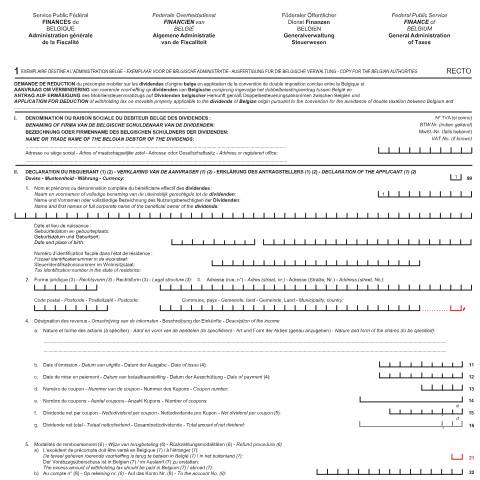 Aperçu du document formulaire 276DIV — Demande concernant des dividendes sur la base d’une convention préventive de la double imposition, Belgique (CERFA n°276-div-nl-fr-de-en-1)