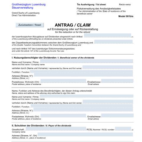 Aperçu du document de Antrag auf Ermässigung oder auf Rückerstattung der luxemburgischen Abzugsteuer auf Dividenden - Claim for the reduction or for the refund of the Luxembourg withholding tax on dividends — Impots, Luxembourg (CERFA n°901bis-de)