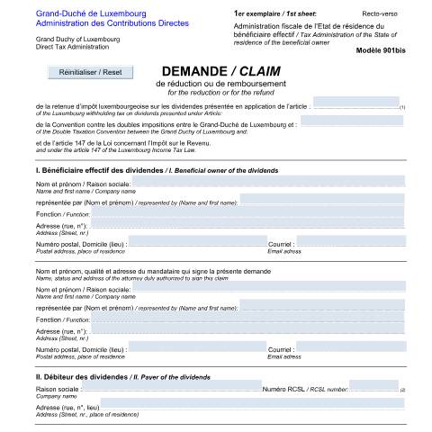 Aperçu du document Demande de réduction / remboursement partiel de la retenue d’impôt sur les dividendes - Claim for the reduction or for the refund of the Luxembourg withholding tax on dividends — Impots, Luxembourg (CERFA n°901bis-fr)