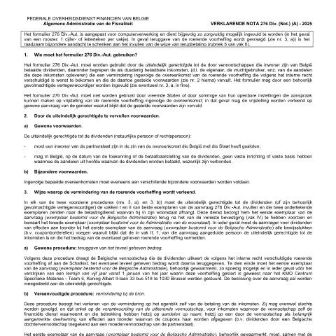 Aperçu du document uitleg — Verzoek voor dividenden op basis van een dubbelbelastingverdrag, Belgique (CERFA n°276-div-nota-1)
