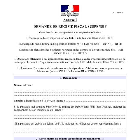 Aperçu du document Demande de régime fiscal suspensif — Professionnels, France (CERFA n°15038*01)