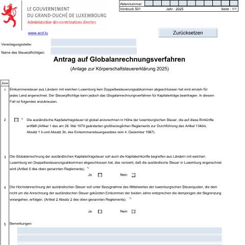 Aperçu du document Anlage: "Antrag auf Globalanrechnungsverfahren" — Annexes, Luxembourg (CERFA n°501 D)